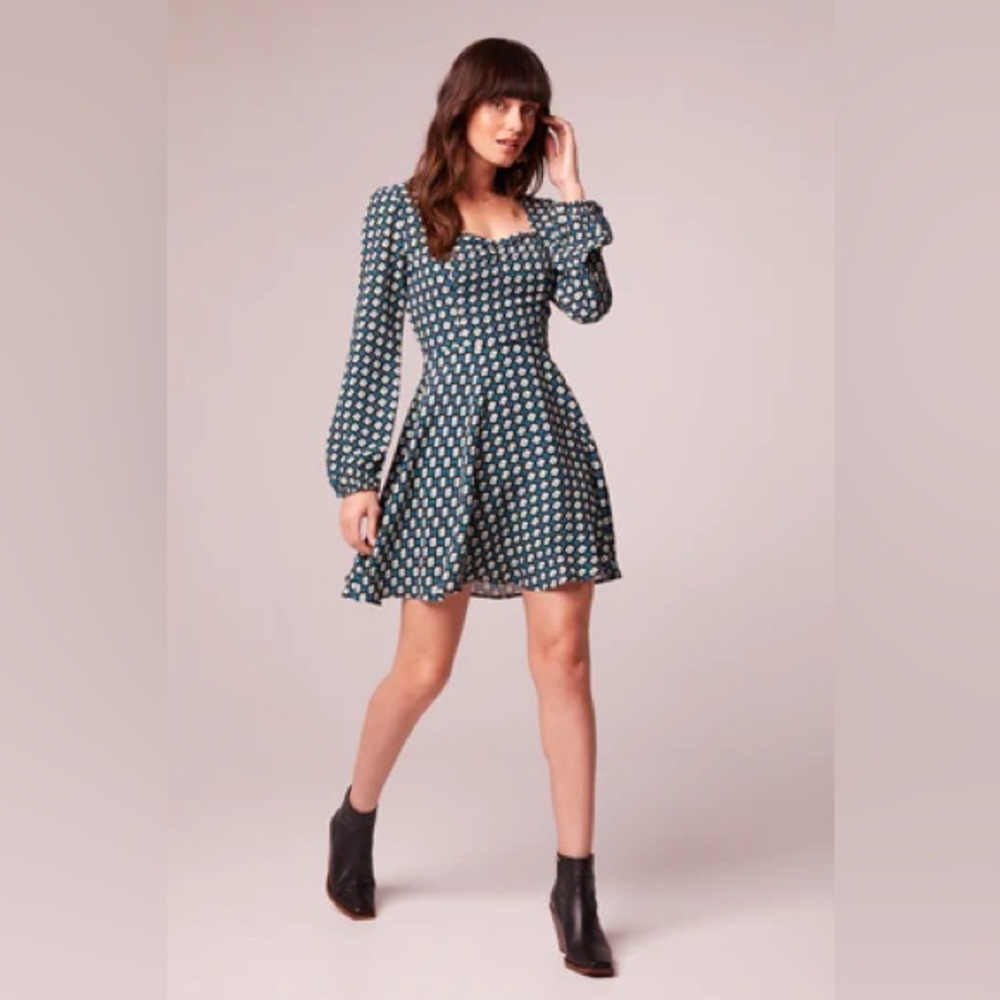 NWT Band Of The Free GENEVIEVE TEAL DIAMOND LONG SLEEVE MINI DRESS Smocked Back